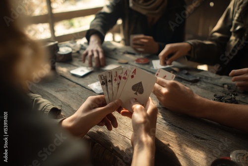 Group of friends gather around a rustic table in a cozy cabin, engaged in an exciting card game. Laughter and friendly competition fill the air as they enjoy each others company