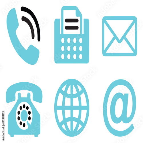 blue and black communication icons set phone fax email rotary globe at symbol for digital and print media