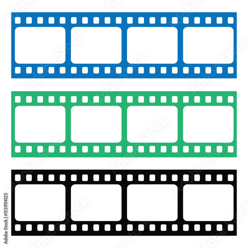 colorful film strips in blue, green and black isolated on white background for photography, cinema and multimedia design