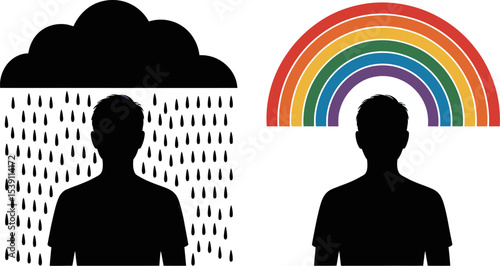 Understanding mental health: from depression cloud to rainbow hope positive thinking wellness concept 100 editable stock vector illustration