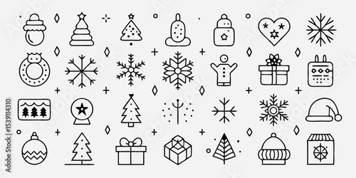 Hand drawn festive seasonal design elements including snowflakes christmas trees gift boxes hats and various decorations for summer vacation illustration set
