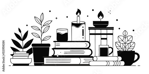 Minimalist black and white vector illustration featuring books candles plants and a cup ideal for relaxing time or summer vacation projects with artistic decorative elements.