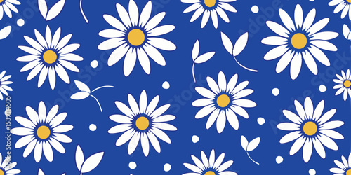 Repeating pattern of white daisy flowers and leaves with yellow center accents on a vibrant blue background for summer vacation illustration set.