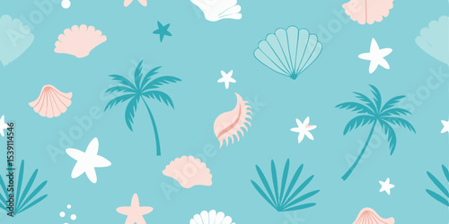 Seamless pattern featuring summer elements with shells starfish and palm trees perfect for digital design summer vacation illustration set