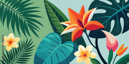 Tropical floral arrangement with colorful flowers and lush green leaves on a light green background for a summer vacation illustration set.
