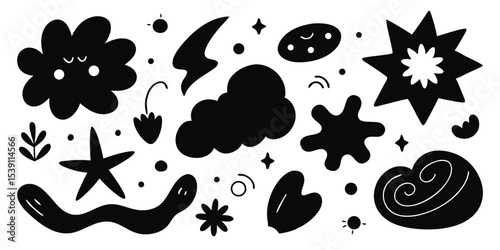 Unique abstract black shapes and elements arranged in a whimsical artistic composition ideal for a modern summer vacation illustration set design concept.