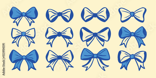 Twelve elegant blue bow illustrations in various styles ideal for summer vacation projects and embellishments suitable for design purposes.