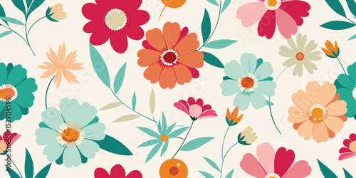 Vibrant and colorful floral pattern seamlessly repeating on a white background perfect for textile designs and various decorative applications