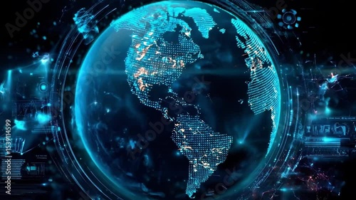 Futuristic digital globe rotates amid glowing data streams. Dolly in. 4K.

