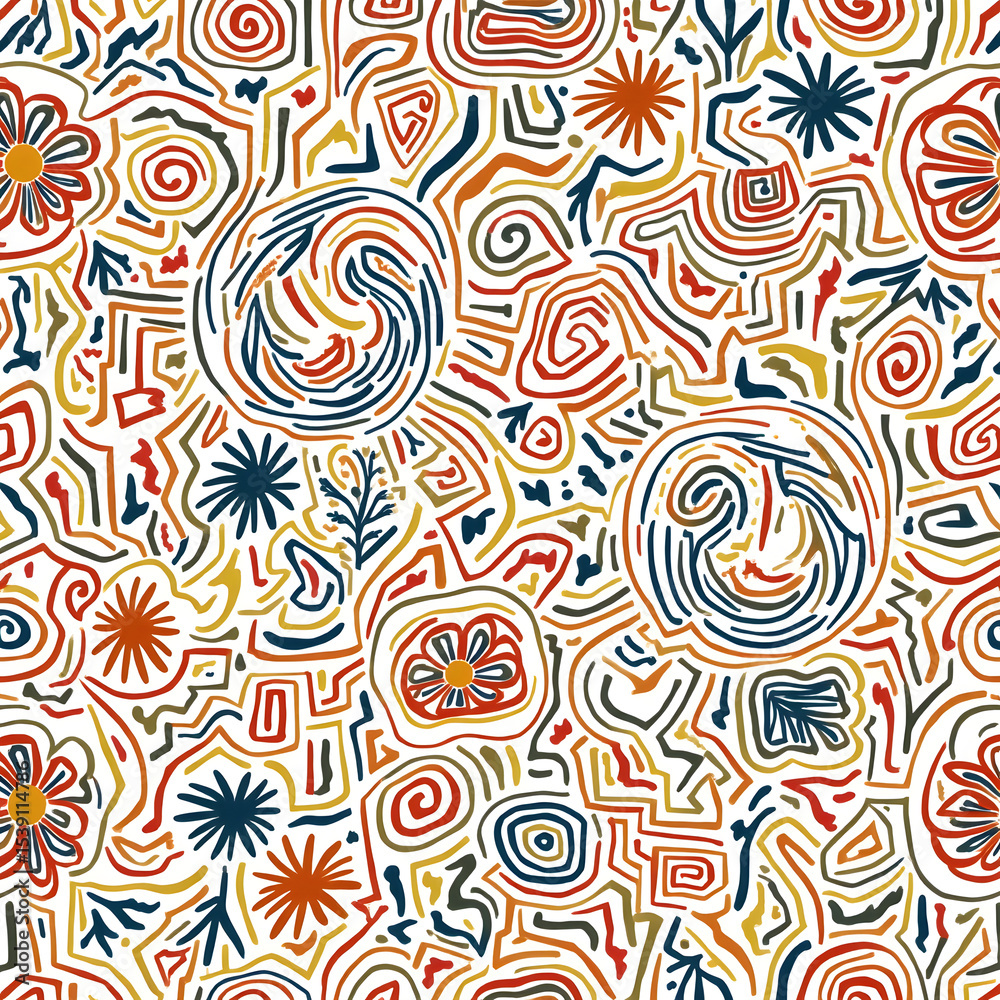 Fototapeta premium Vibrant Abstract Seamless Pattern with Swirling Lines and Floral Motifs
