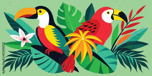 Vibrant illustration showcasing a colorful toucan and a scarlet macaw amidst lush tropical foliage perfect for summer vacation themes