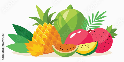 Vibrant illustration of a delicious tropical fruit arrangement perfect for summer vacations, featuring pineapple and other refreshing fruits.