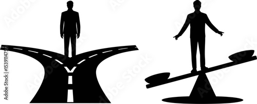 Decision making process concept man at crossroads and balance choice vector illustration design 100c editable stock vector illustration