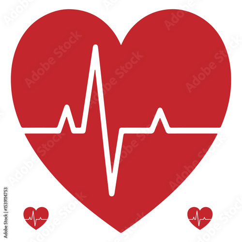 red heart with white ecg line representing cardiology, heart health, medical care and wellness on white background
