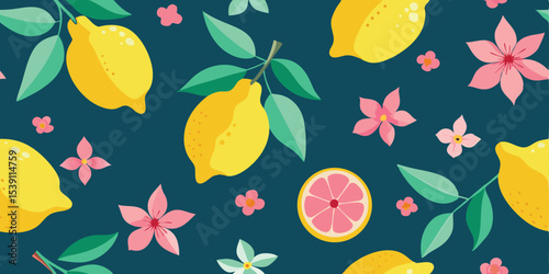 Vibrant seamless pattern featuring lemons and floral elements perfect for summer vacation illustration set and various design applications.