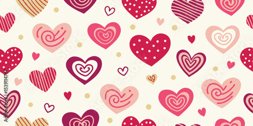 Whimsical vector hearts seamless pattern design in pink and burgundy colors perfect for summer vacation illustration set for various love or valentine's day projects