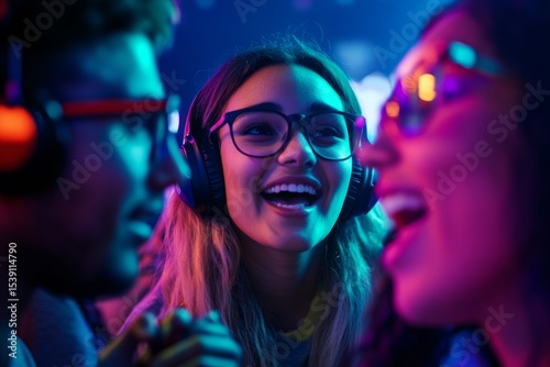A group of enthusiastic gamers joyfully share introductions at an esports event, radiating excitement and camaraderie alongside neon lights and lively atmosphere