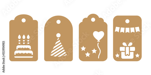 Set of gift tag stencils for birthday party. Vector templates for cutting. Craft paper or cardboard labels cut files for gift wrapping