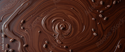 dark chocolate background | close-up of rich, swirled chocolate featuring scattered coffee beans, exuding luxury and indulgence. Useful for illustrating culinary concepts, desserts, or food themes