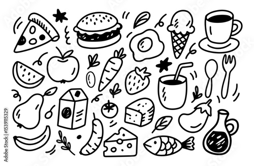Set of different products in doodle style. Hand drawn line art sketch  illustration