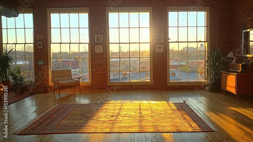 Wallpaper Mural Sunlight streams through large windows illuminating a spacious loft with hardwood floors and a patterned rug Torontodigital.ca