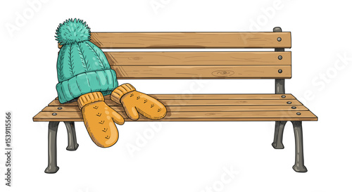 Winter bench with teal hat and orange mittens resting on it  