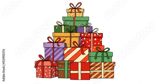Pile of colorful gift boxes adorned with ribbons for New Year celebration  