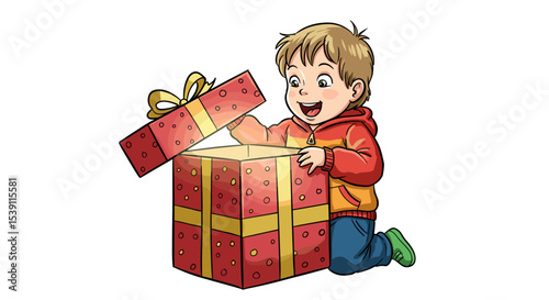 Happy boy opening a Christmas present with excitement and joy  