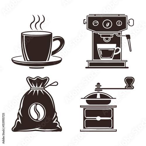 vintage Coffee Equipment Vector Set – Espresso Machine, Grinder, Beans, and Hot Drink Icon Collection