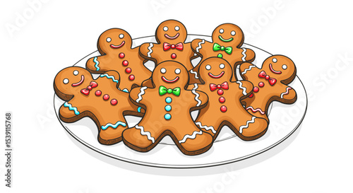 Gingerbread men cookies decorated on a white plate for New Year  