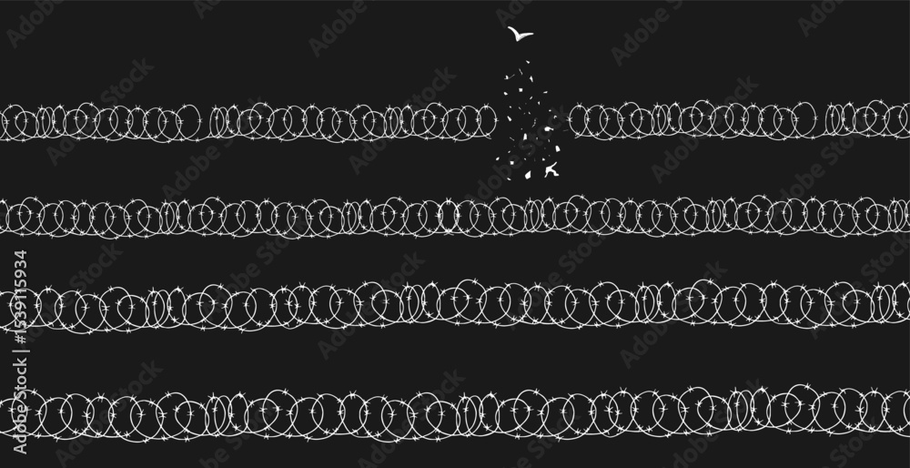 Concept of liberation, freedom, flight, breaking barriers, victory. barbed wire breaks and turns into a bird. Addiction Recovery Dispersion black and white effect.	