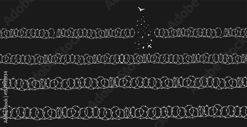 Concept of liberation, freedom, flight, breaking barriers, victory. barbed wire breaks and turns into a bird. Addiction Recovery Dispersion black and white effect.	