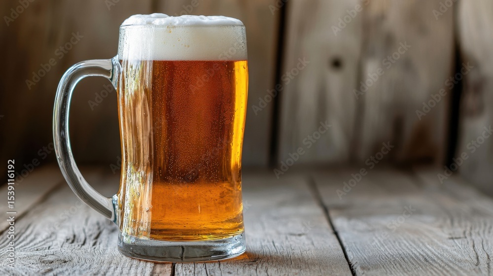 A frosty glass of golden beer sits on a weathered wooden table, capturing the essence of relaxation and enjoyment in a welcoming atmosphere, perfect for social gatherings A frosty glass of golden beer sits on a weathered wooden table, capturing the essence of relaxation and enjoyment in a welcoming atmosphere, perfect for social gatherings