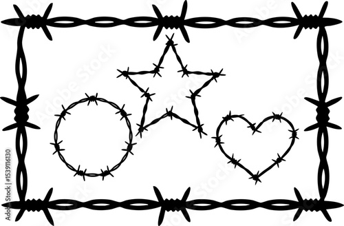 Barbed Wire Vector Collection – Heart, Circle, Star, and Frame Shapes for Tattoo, Symbolic, and Grunge Design
