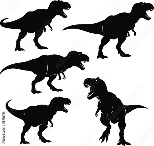 T-Rex Dinosaur Silhouettes Vector Set - Isolated on White Background