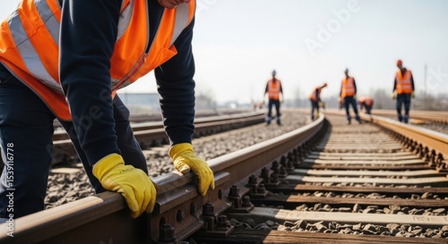 Railway worker inspecting railroad tracks wearing safety gear
