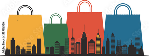 Colorful shopping bags with city skyline illustration retail therapy fashion sale online store concept 100 editable stock vector illustration