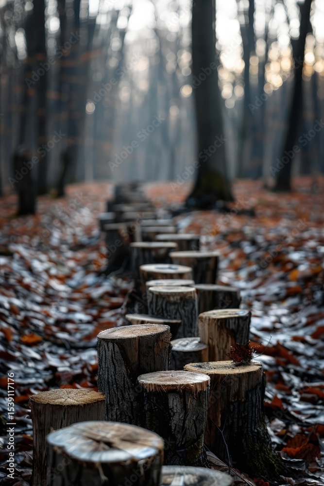 Obraz premium An enchanting pathway lined by logged tree stumps weaves through a misty autumn forest, highlighting the beauty of nature's transition. The blend of warm colors and foggy atmosphere creates a serene 