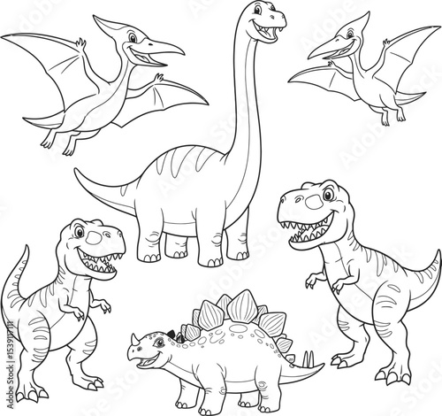 Dinosaur Outline Drawing Vector Set - Black and White Illustrations