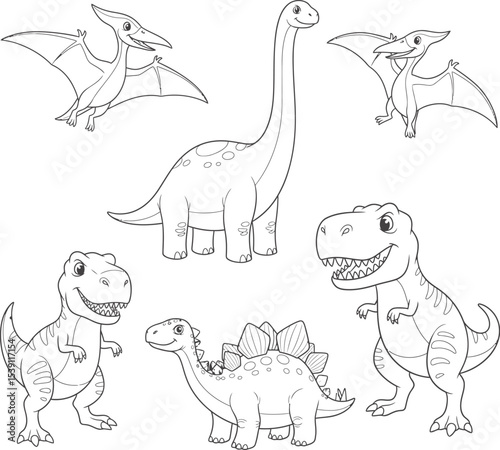 Dinosaur Outline Drawing Vector Set - Black and White Illustrations