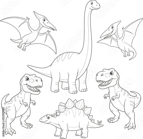 Dinosaur Outline Drawing Vector Set - Black and White Illustrations