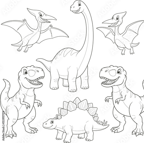 Dinosaur Outline Drawing Vector Set - Black and White Illustrations