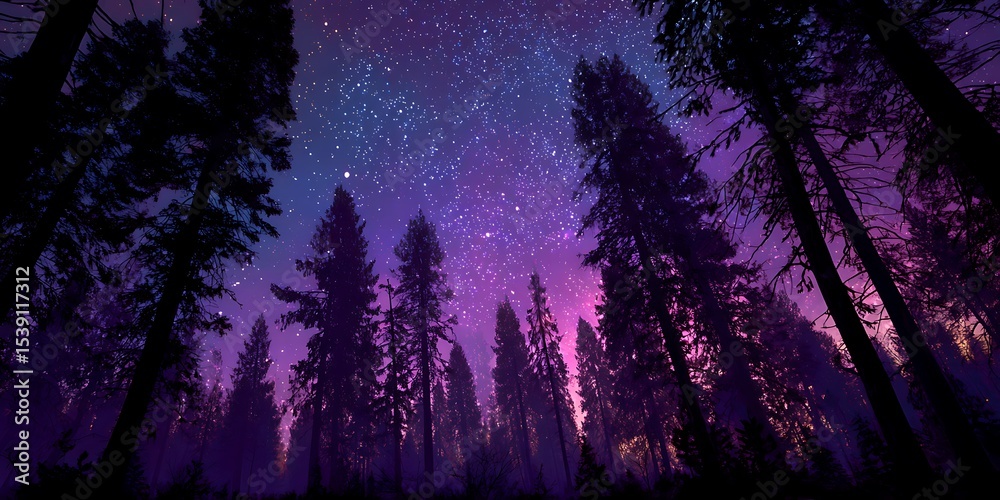 Naklejka premium A view of tall trees reaching up to a vibrant night sky filled with countless twinkling stars above them