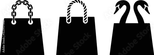 Vector shopping bag icon set with chain rope and swan handles black and white isolated design element editable stock vector illustration