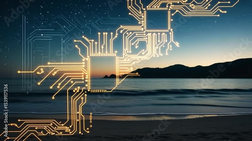 Sunset over beach with circuit design overlay