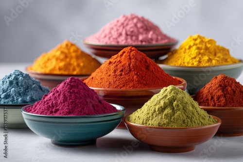 Vibrant collection of colorful powdered spices and natural food colorings in bowls