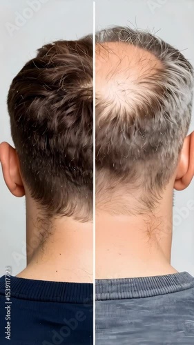 Man's hair before and after hair thickening procedure.  Rear view comparison of dark hair and balding gray hair.