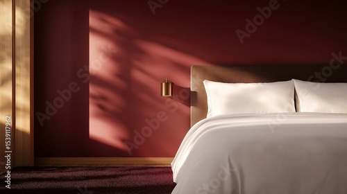 Modern bedroom with a large bed in the center. the bed has a white comforter and two white pillows. the walls are painted in a deep red color and there is a wooden door on the left side of the image.
