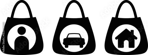 Shopping bags with person car and house icons vector illustration for web design and marketing use editable stock vector illustration