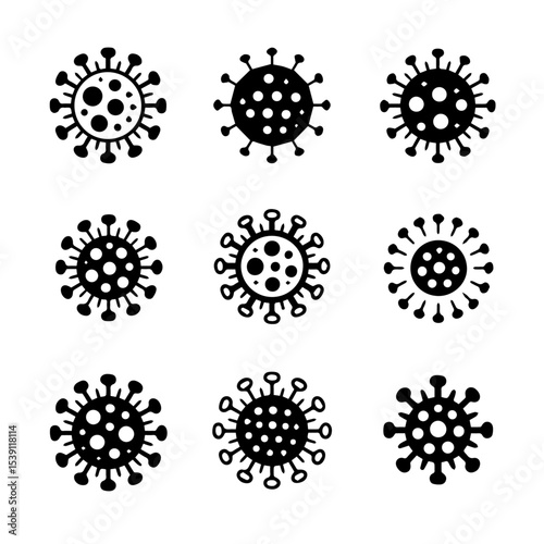 Set of nine black coronavirus icons with various spike protein shapes, displayed in a grid on a white background. The simple vector design represents virus structure, infection, and pandemic awareness